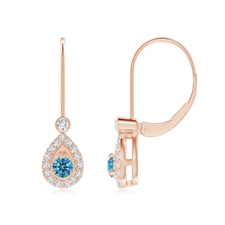 3.2mm AAAA Round Fancy Intense Blue Diamond Teardrop Halo Leverback Earrings in Rose Gold