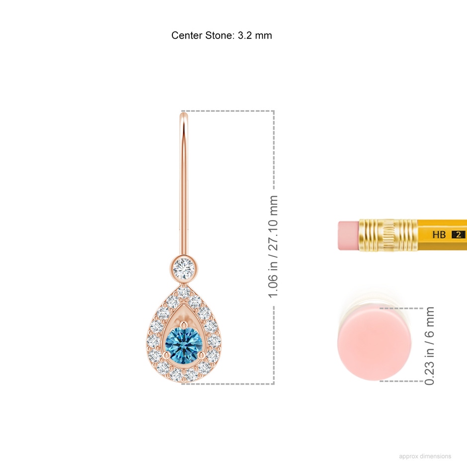 3.2mm AAAA Round Fancy Intense Blue Diamond Teardrop Halo Leverback Earrings in Rose Gold ruler
