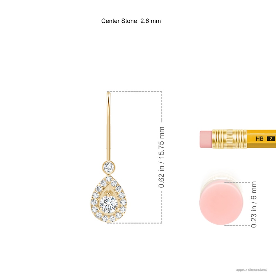 2.6mm GVS2 Round Diamond Teardrop Halo Leverback Earrings in Yellow Gold ruler