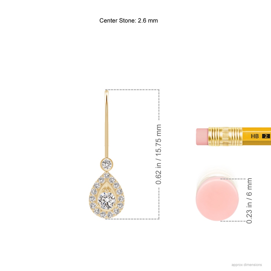 2.6mm IJI1I2 Round Diamond Teardrop Halo Leverback Earrings in Yellow Gold ruler