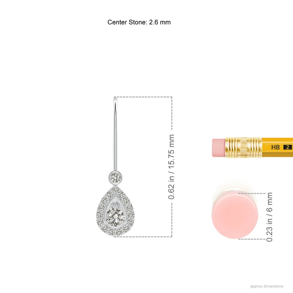 2.6mm KI3 Round Diamond Teardrop Halo Leverback Earrings in White Gold ruler