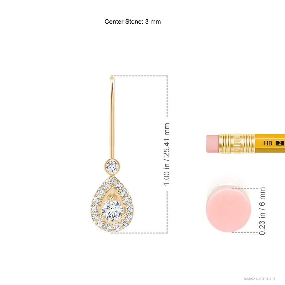 3mm GVS2 Round Diamond Teardrop Halo Leverback Earrings in Yellow Gold ruler