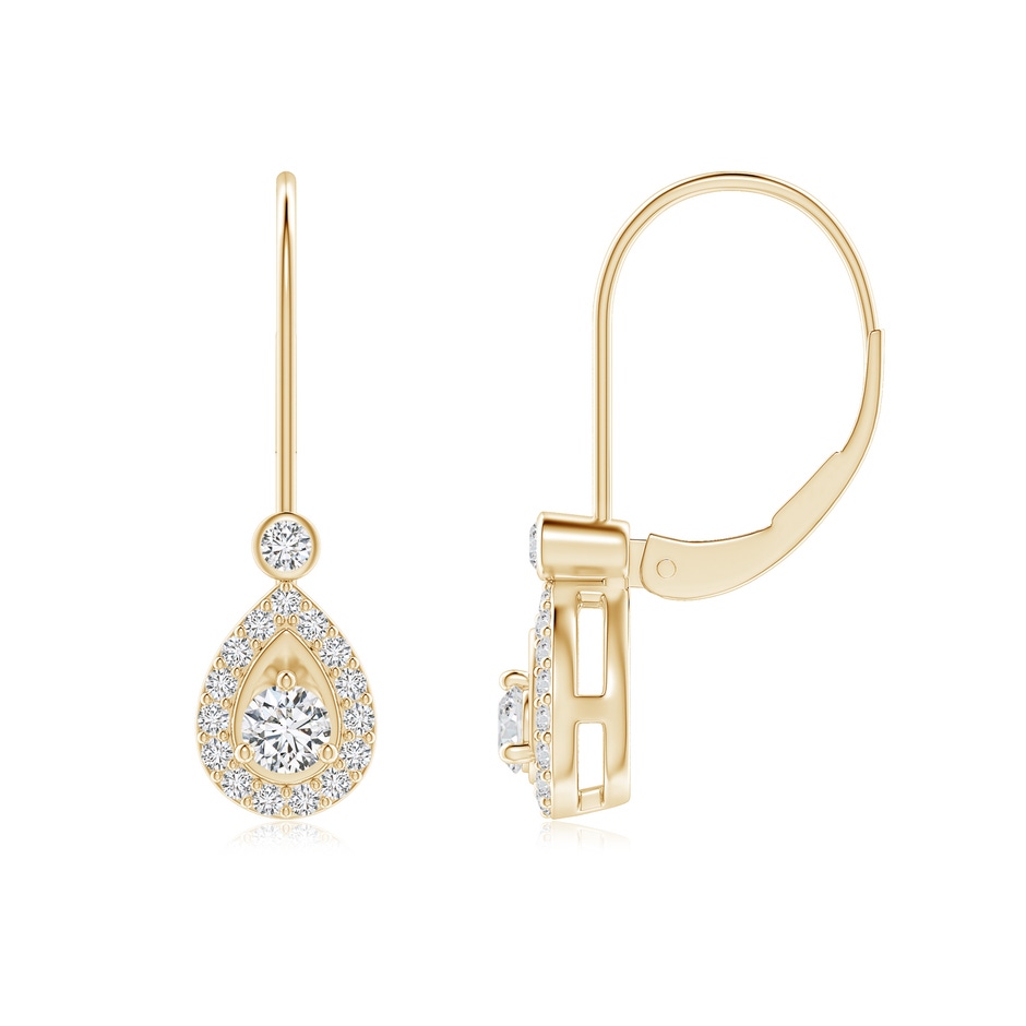 3mm HSI2 Round Diamond Teardrop Halo Leverback Earrings in Yellow Gold 