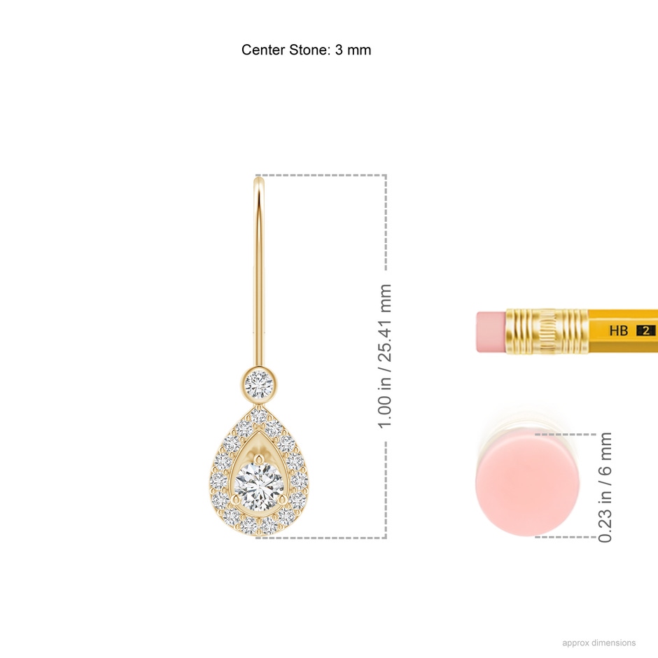 3mm HSI2 Round Diamond Teardrop Halo Leverback Earrings in Yellow Gold ruler