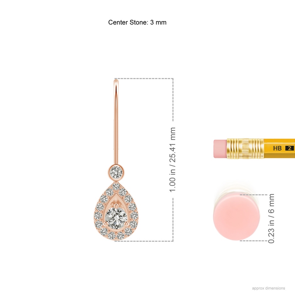 3mm KI3 Round Diamond Teardrop Halo Leverback Earrings in Rose Gold ruler