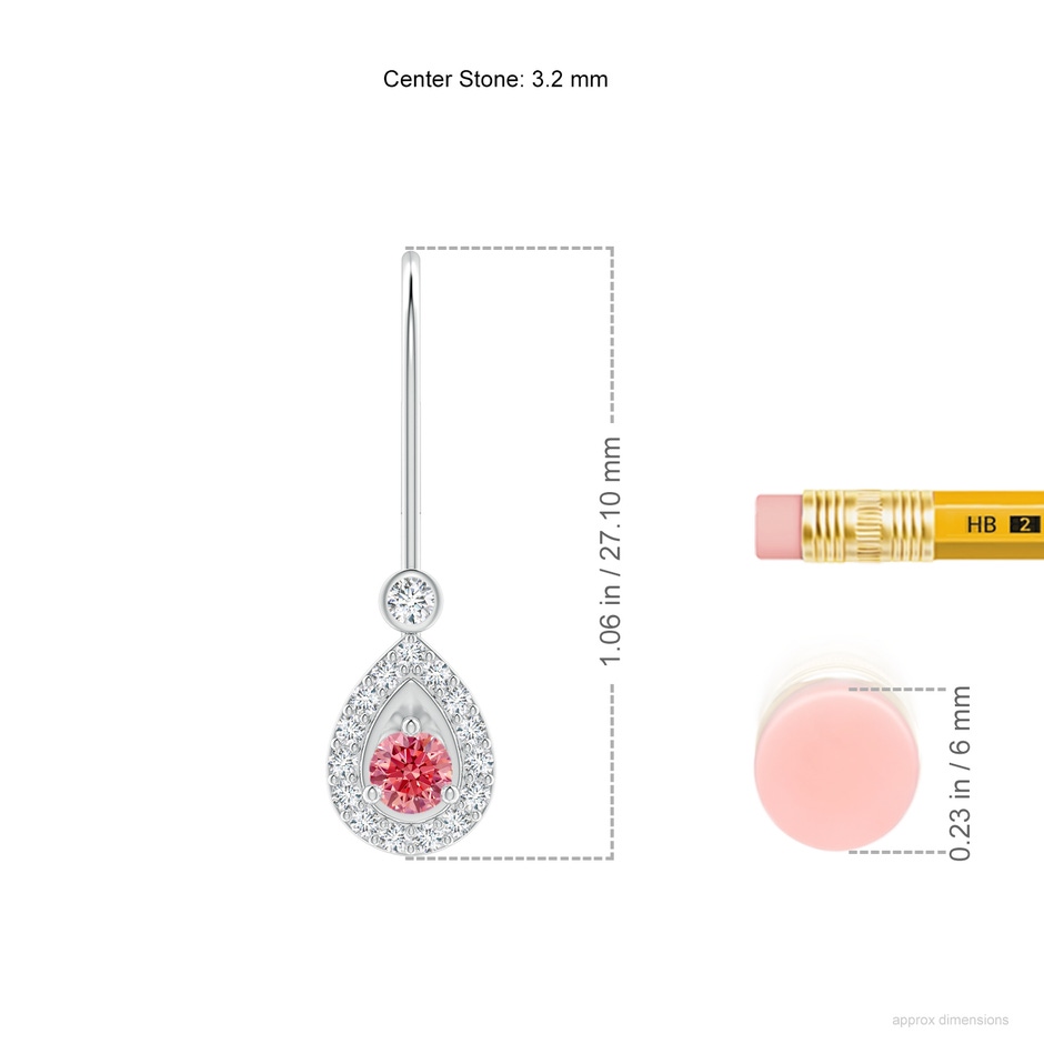 3.2mm AAAA Round Fancy Intense Pink Diamond Teardrop Halo Leverback Earrings in P950 Platinum ruler