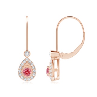 3.2mm AAAA Round Fancy Intense Pink Diamond Teardrop Halo Leverback Earrings in Rose Gold