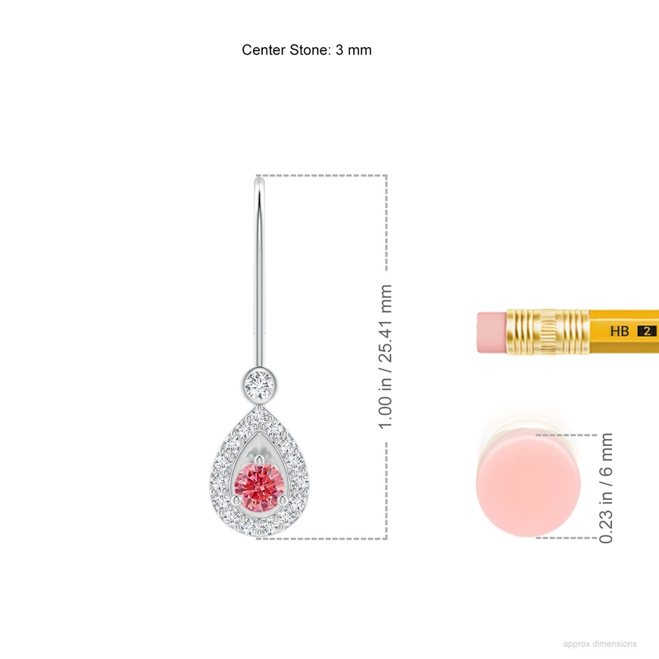 3mm AAAA Round Fancy Intense Pink Diamond Teardrop Halo Leverback Earrings in White Gold ruler