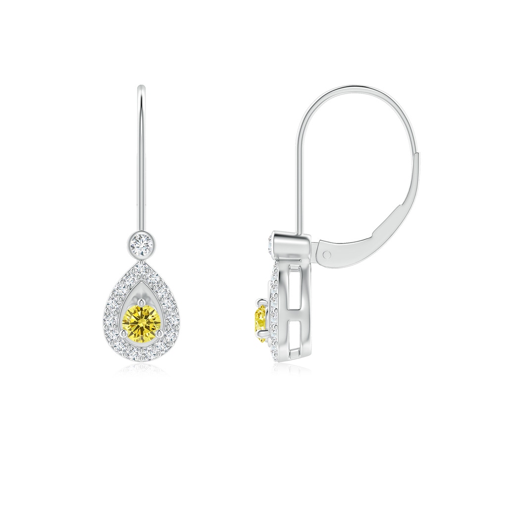 2.6mm AAAA Round Fancy Intense Yellow Diamond Teardrop Halo Leverback Earrings in P950 Platinum