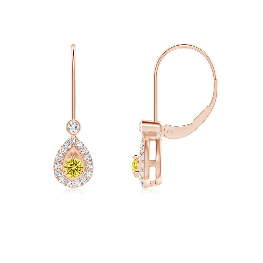 2.6mm AAAA Round Fancy Intense Yellow Diamond Teardrop Halo Leverback Earrings in Rose Gold