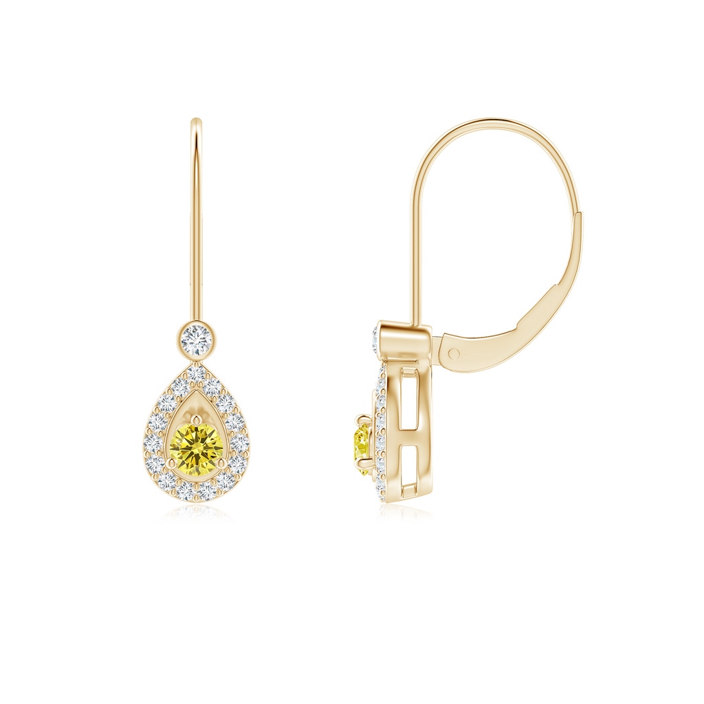 2.6mm AAAA Round Fancy Intense Yellow Diamond Teardrop Halo Leverback Earrings in Yellow Gold