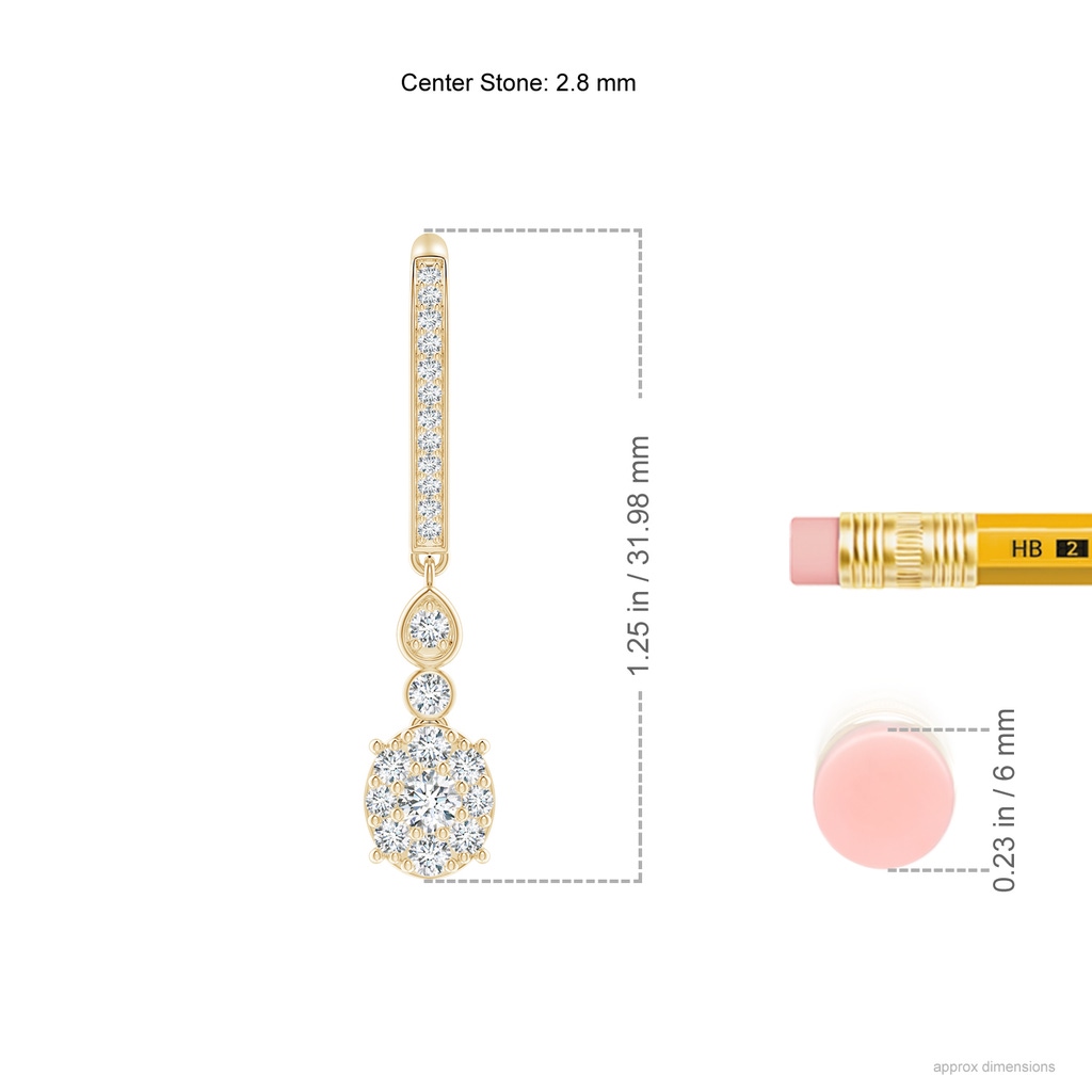 2.8mm GVS2 Round Diamond Cluster Dangle Earrings with Bezel Accents in Yellow Gold Ruler