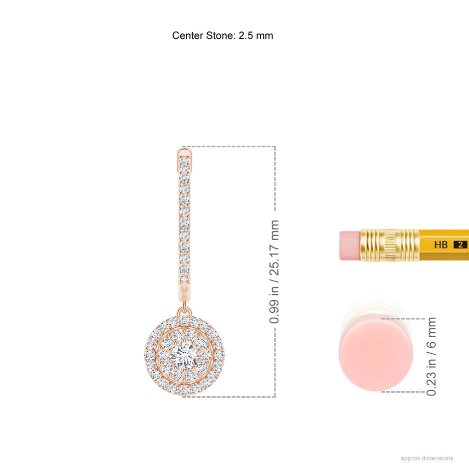 2.5mm GVS2 Round Diamond Cluster Halo Hoop Drop Earrings in Rose Gold ruler