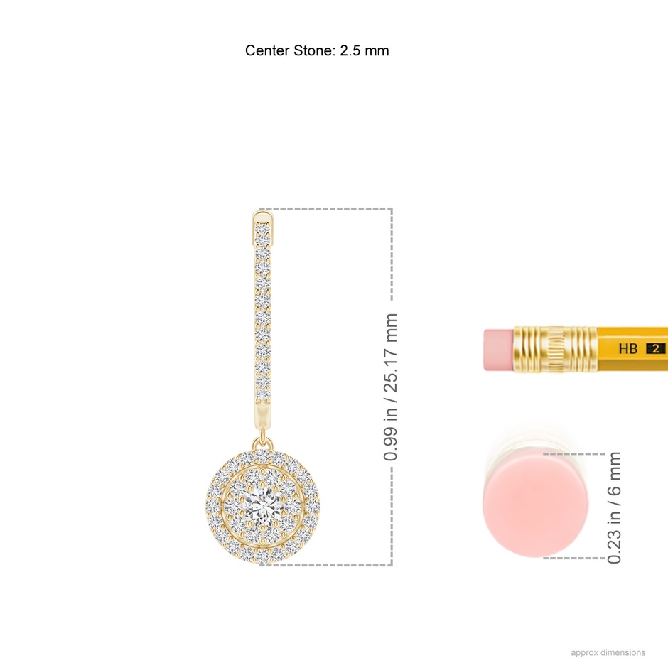 2.5mm HSI2 Round Diamond Cluster Halo Hoop Drop Earrings in Yellow Gold ruler