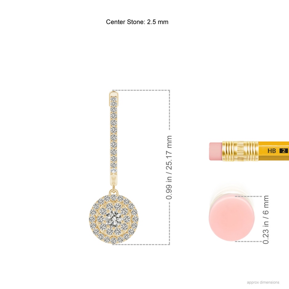 2.5mm KI3 Round Diamond Clustre Halo Hoop Drop Earrings in Yellow Gold ruler