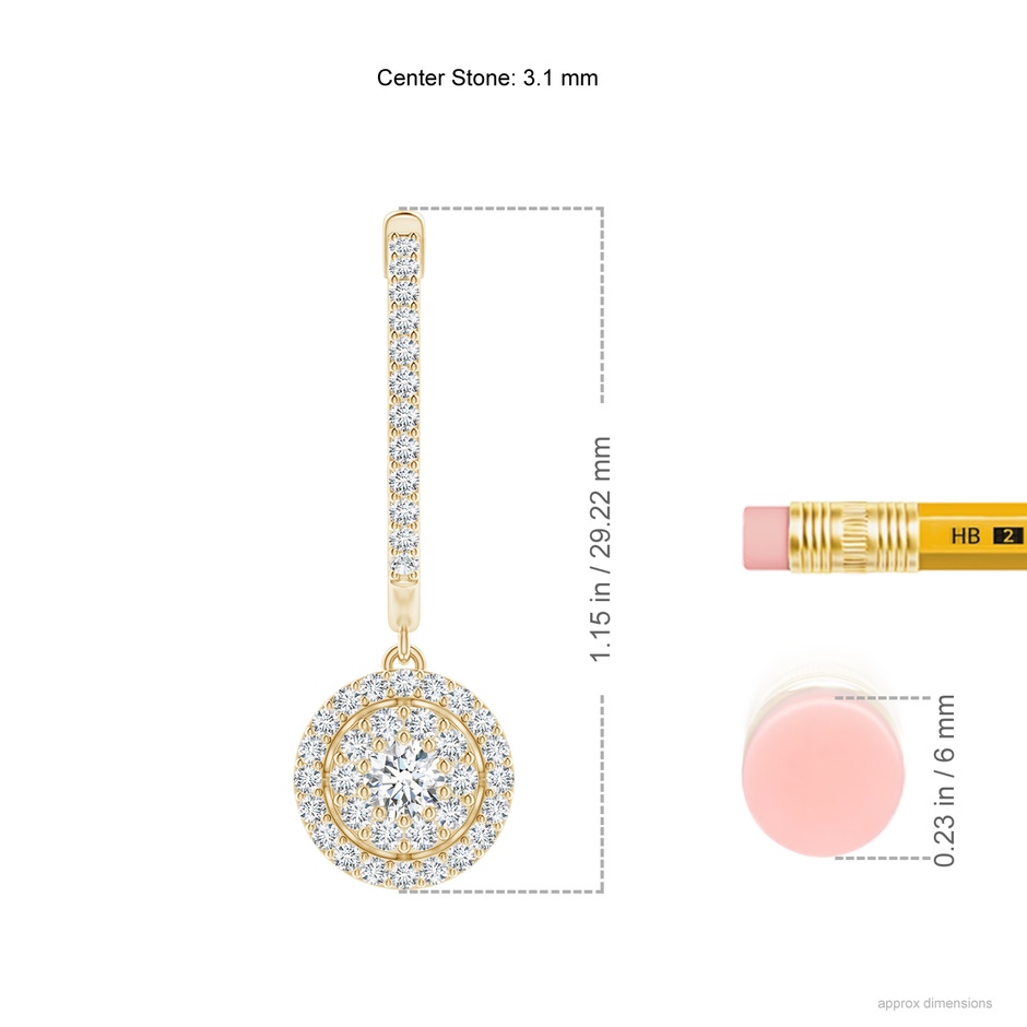 3.1mm GVS2 Round Diamond Cluster Halo Hoop Drop Earrings in Yellow Gold ruler