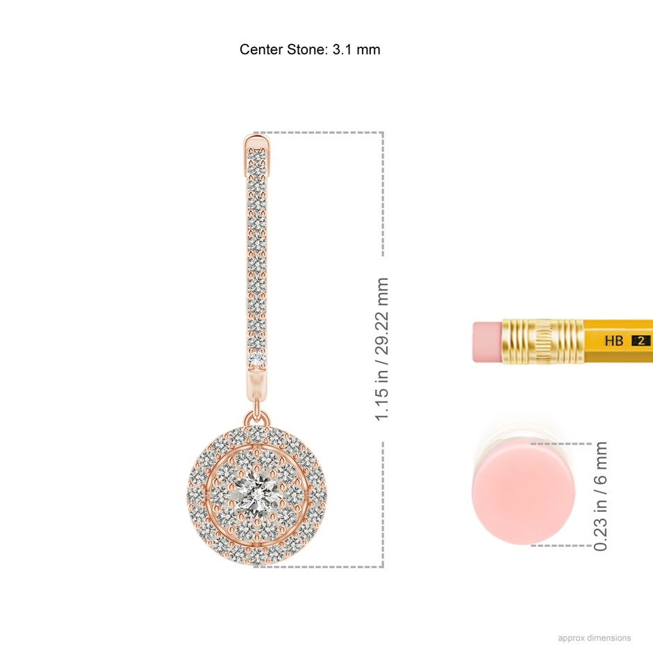 3.1mm KI3 Round Diamond Cluster Halo Hoop Drop Earrings in Rose Gold ruler