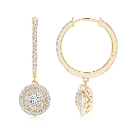 3.2mm HSI2 Round Diamond Cluster Halo Hoop Drop Earrings in Yellow Gold