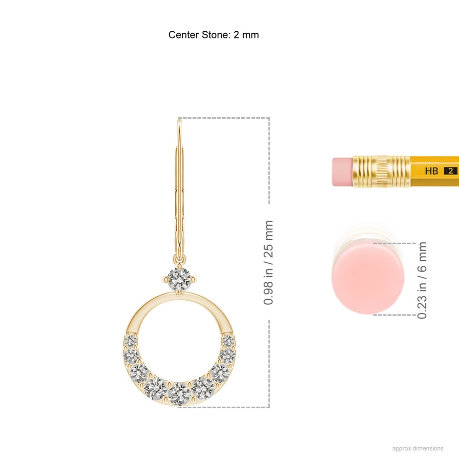 2mm KI3 Graduated Diamond Round Drop Earrings in Yellow Gold ruler