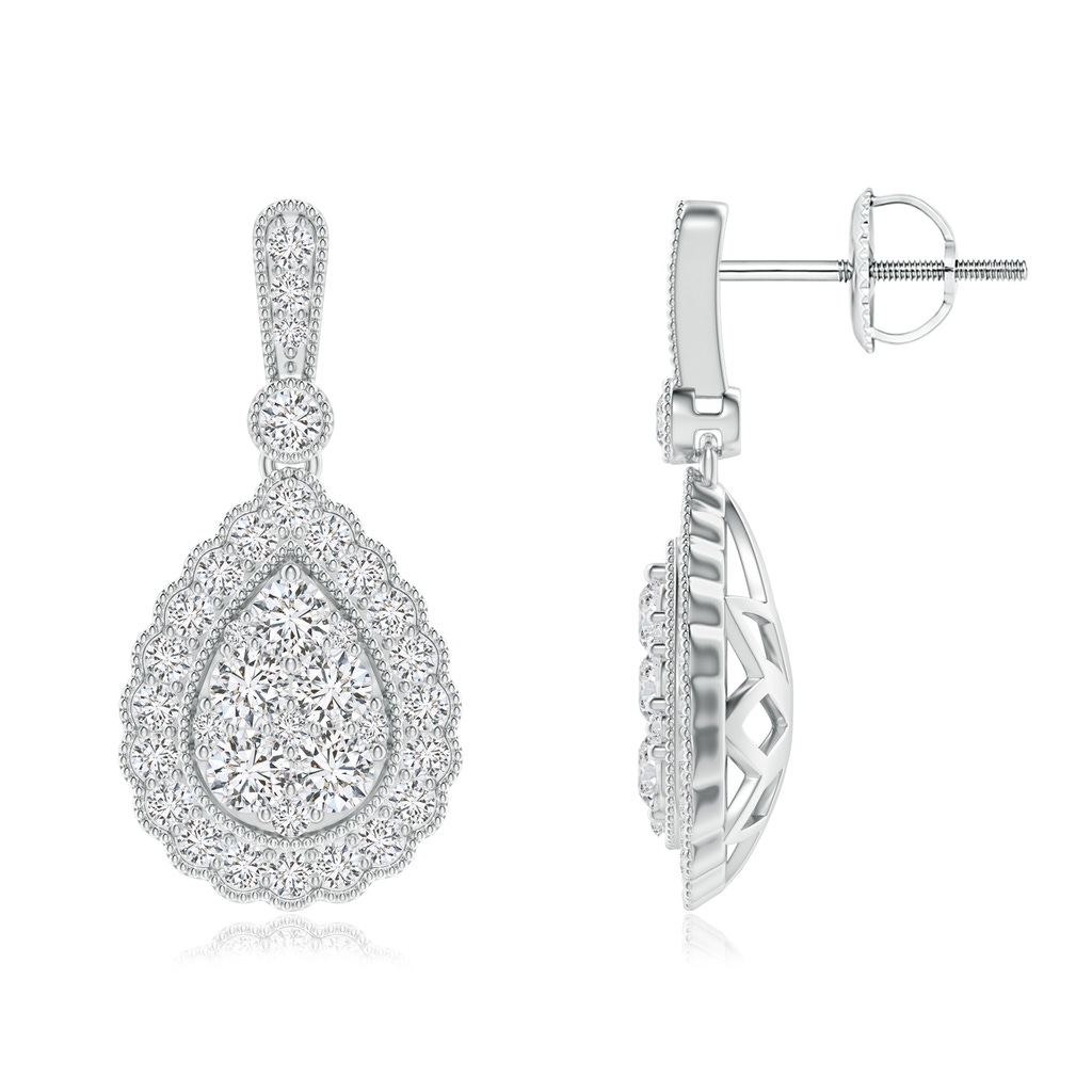 2.35mm HSI2 Vintage Style Diamond Clustre Earrings with Scalloped Halo in White Gold