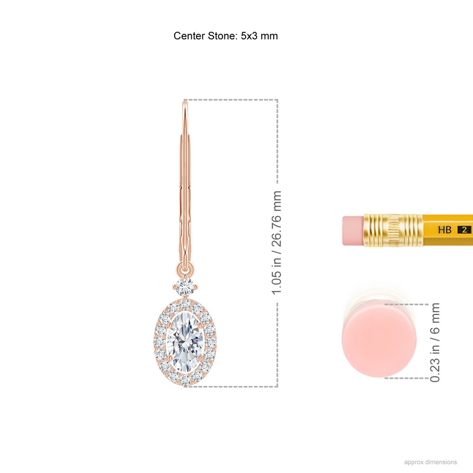 5x3mm GVS2 Classic Oval Diamond Halo Leverback Drop Earrings in Rose Gold ruler