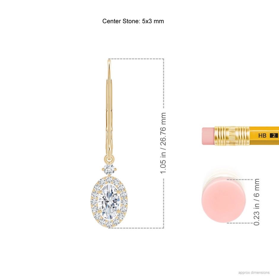 5x3mm GVS2 Classic Oval Diamond Halo Leverback Drop Earrings in Yellow Gold ruler