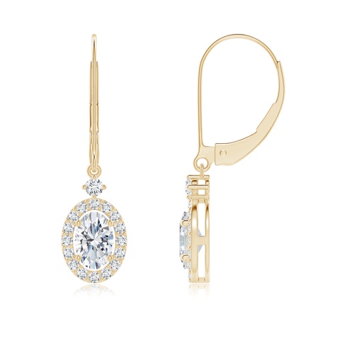 6x4mm GVS2 Classic Oval Diamond Halo Leverback Drop Earrings in Yellow Gold