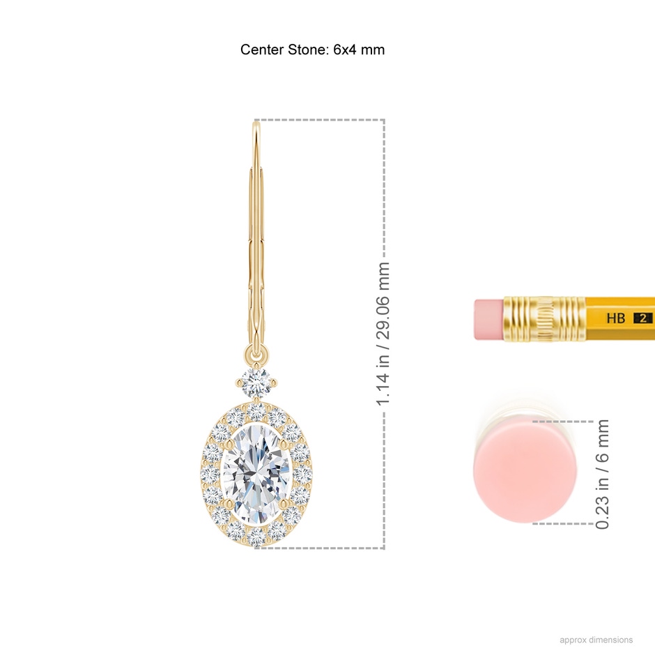 6x4mm GVS2 Classic Oval Diamond Halo Leverback Drop Earrings in Yellow Gold ruler