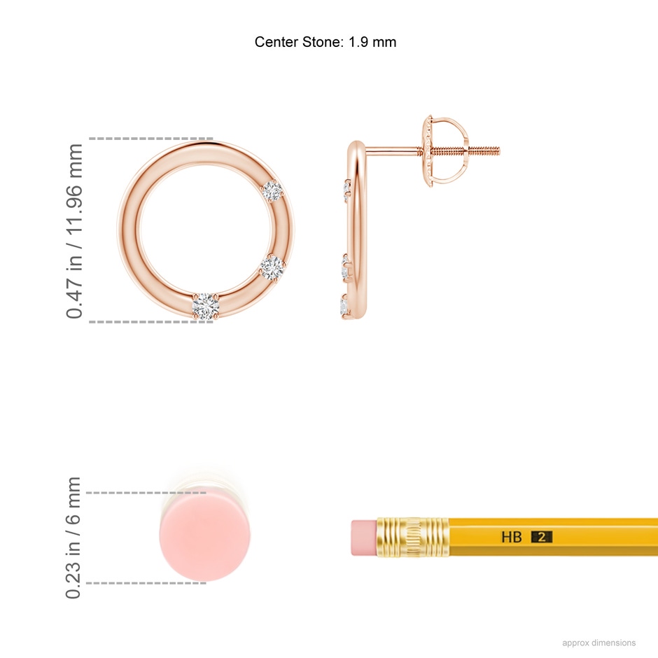 1.9mm HSI2 Graduated Diamond Three Stone Open Circle Stud Earrings in Rose Gold ruler