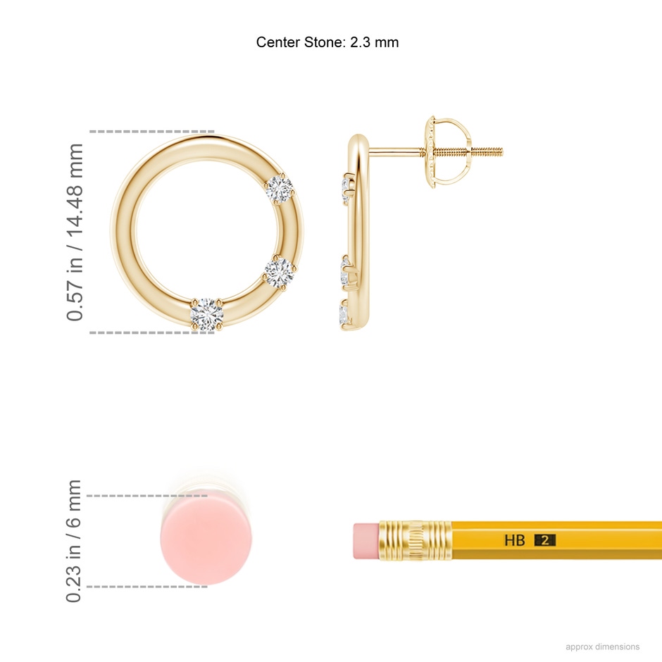 2.3mm HSI2 Graduated Diamond Three Stone Open Circle Stud Earrings in Yellow Gold ruler