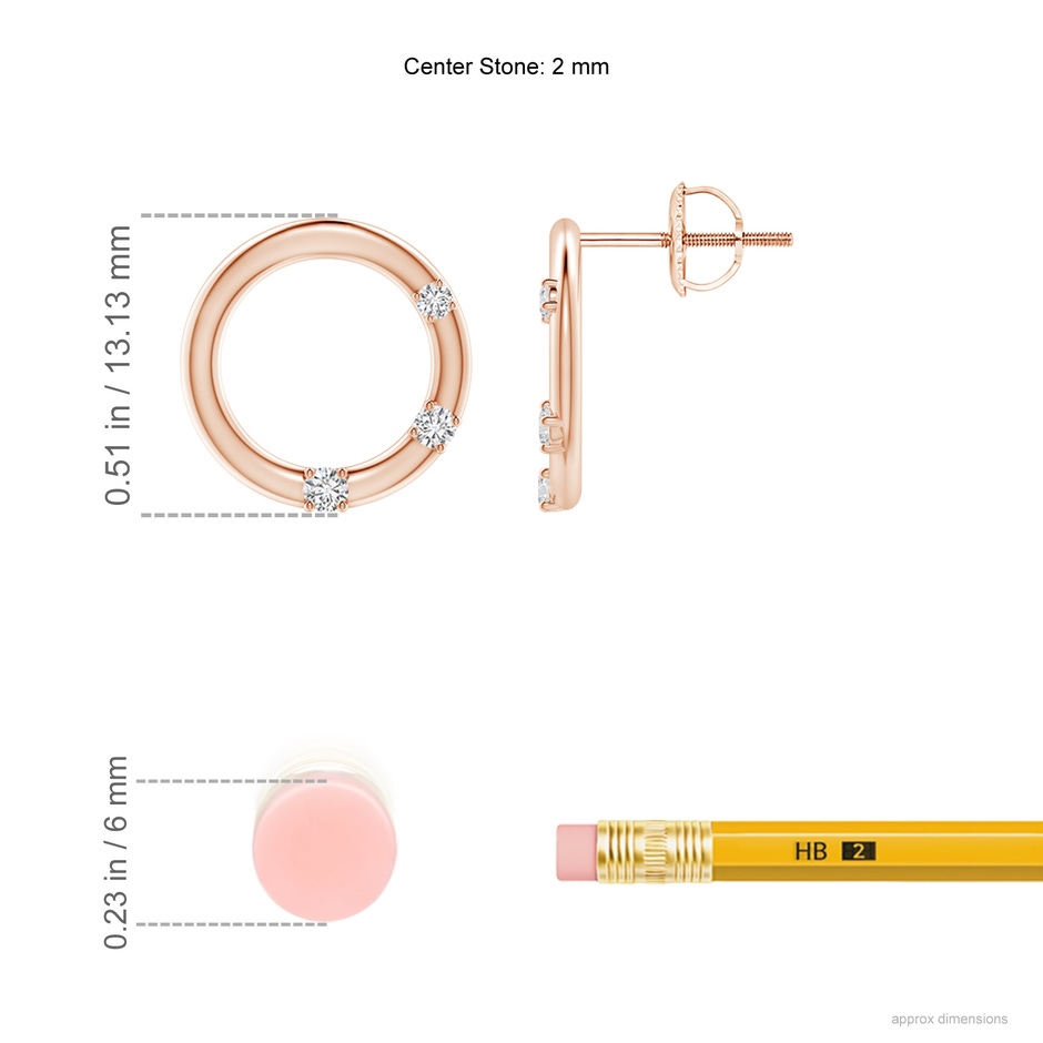 2mm HSI2 Graduated Diamond Three Stone Open Circle Stud Earrings in Rose Gold ruler