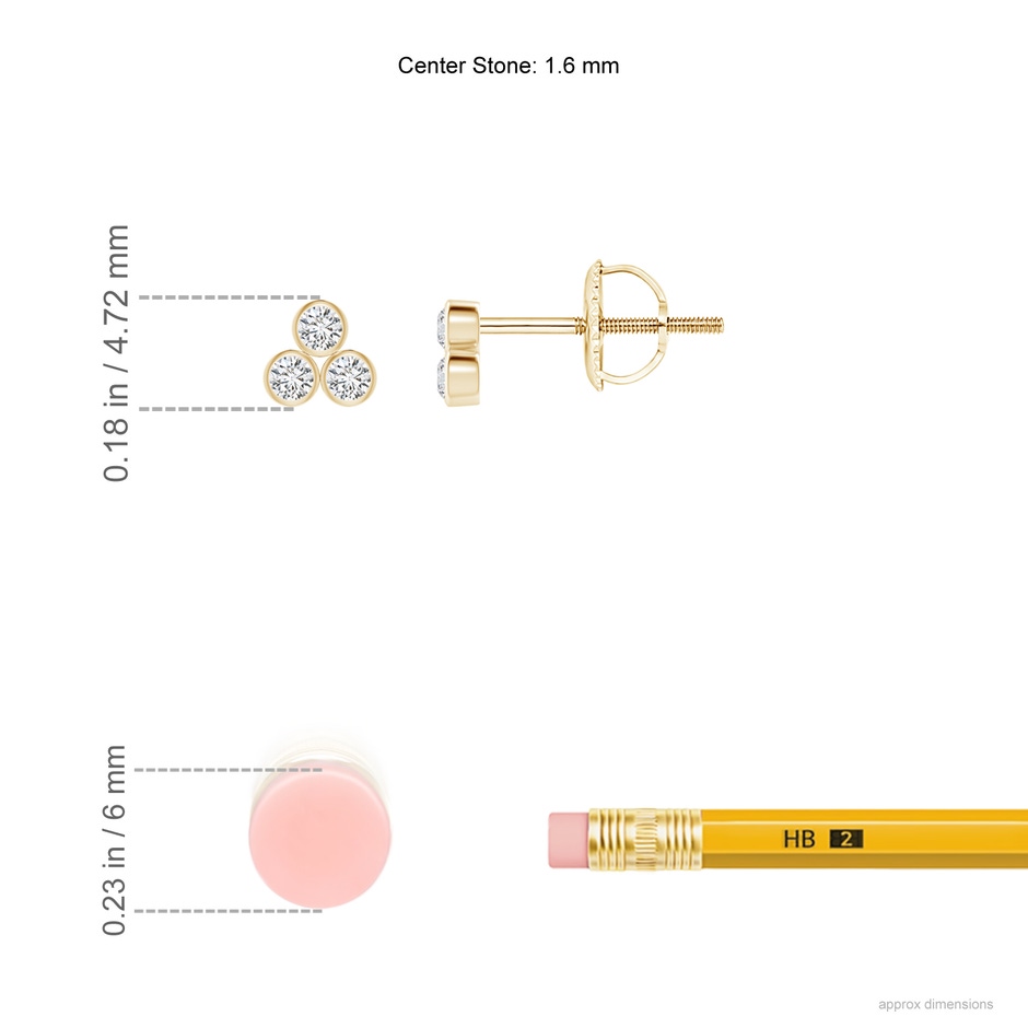 1.6mm HSI2 Bezel-Set Trio Diamond Stud Earrings in Yellow Gold ruler