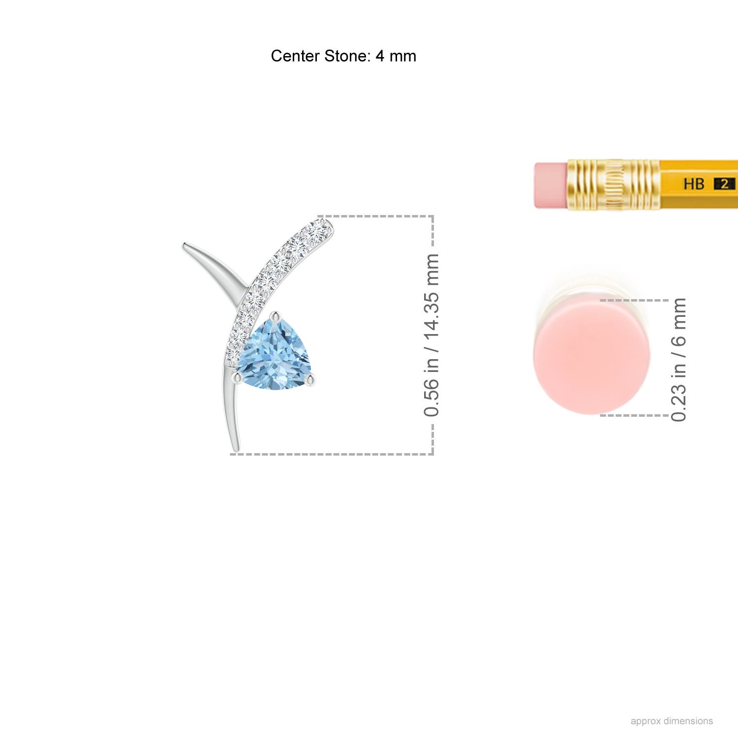 4mm AAA Trillion Aquamarine Pisces Stud Earrings with Diamonds in White Gold - ruler