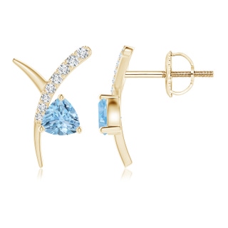 4mm AAA Trillion Aquamarine Pisces Stud Earrings with Diamonds in Yellow Gold