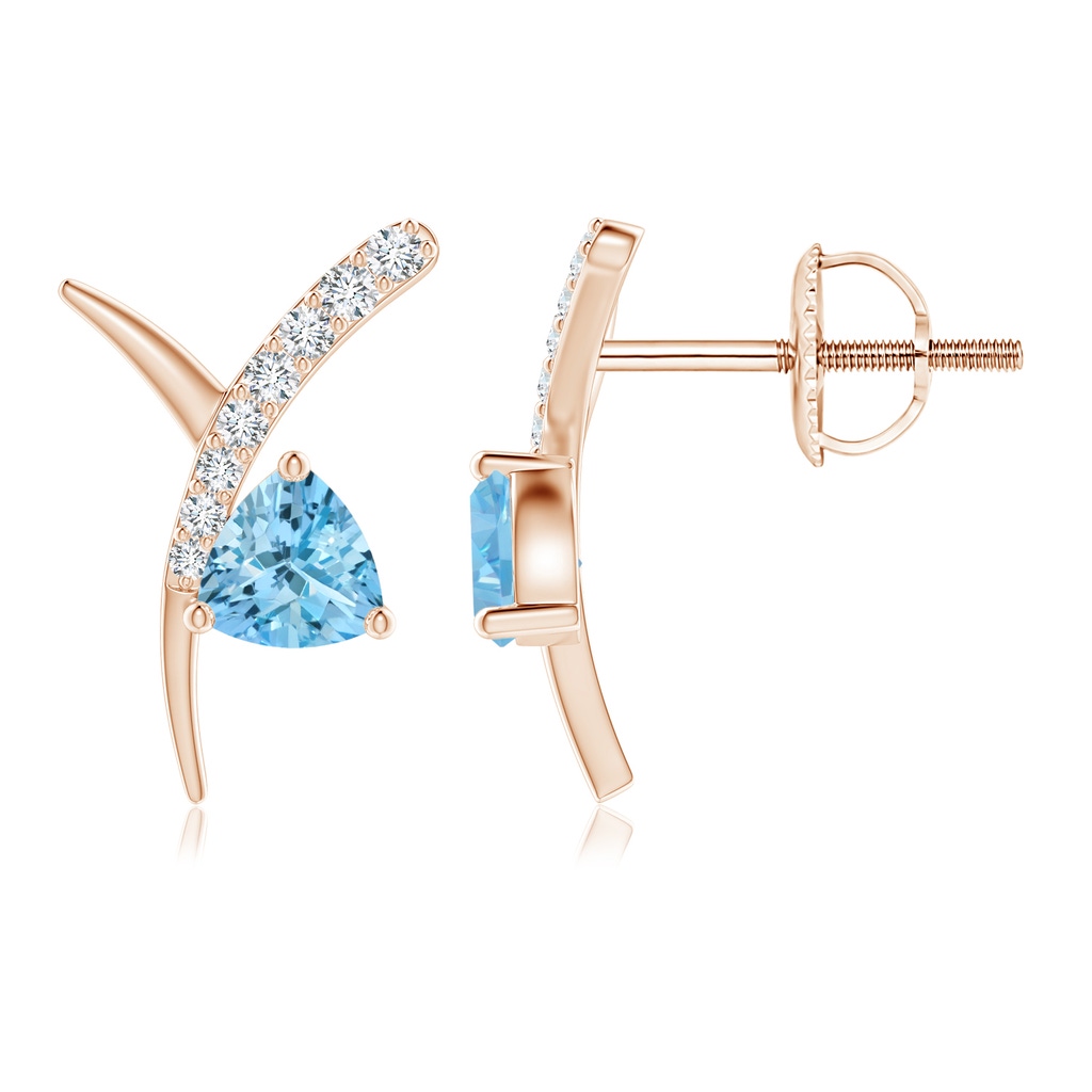 4mm AAAA Trillion Aquamarine Pisces Stud Earrings with Diamonds in Rose Gold