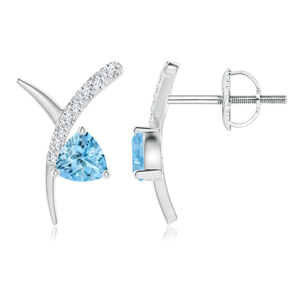 4mm AAAA Trillion Aquamarine Pisces Stud Earrings with Diamonds in White Gold