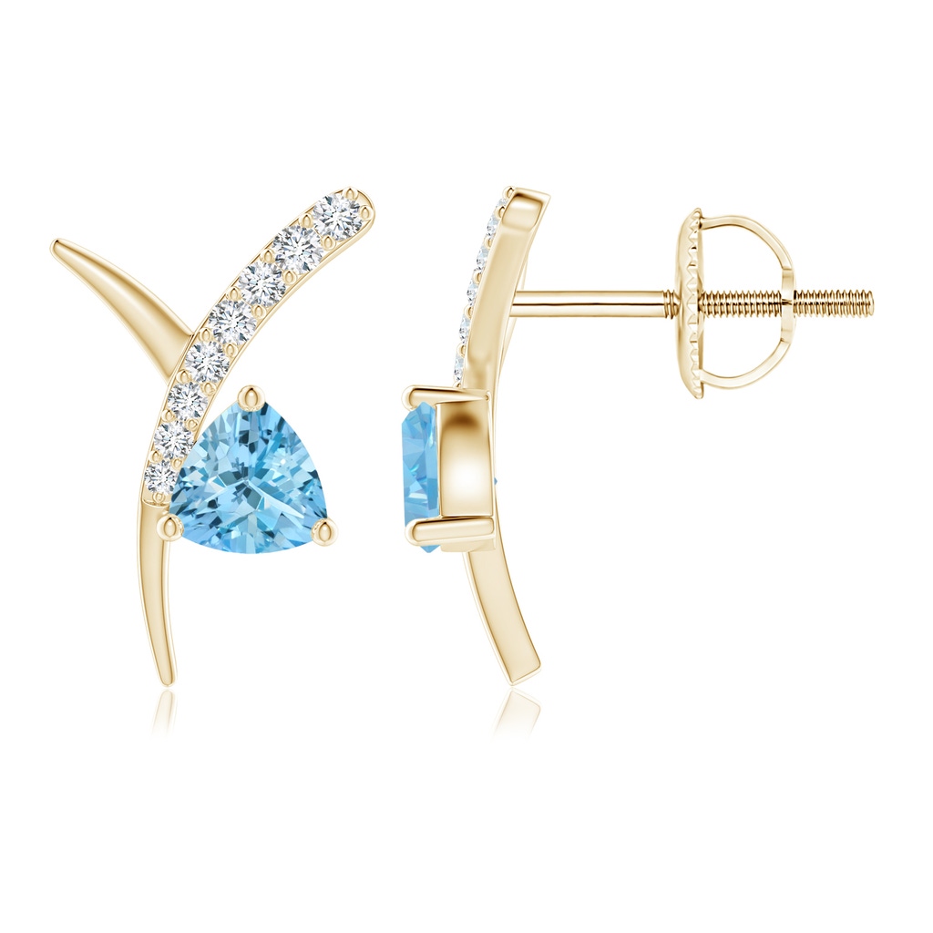 4mm AAAA Trillion Aquamarine Pisces Stud Earrings with Diamonds in Yellow Gold