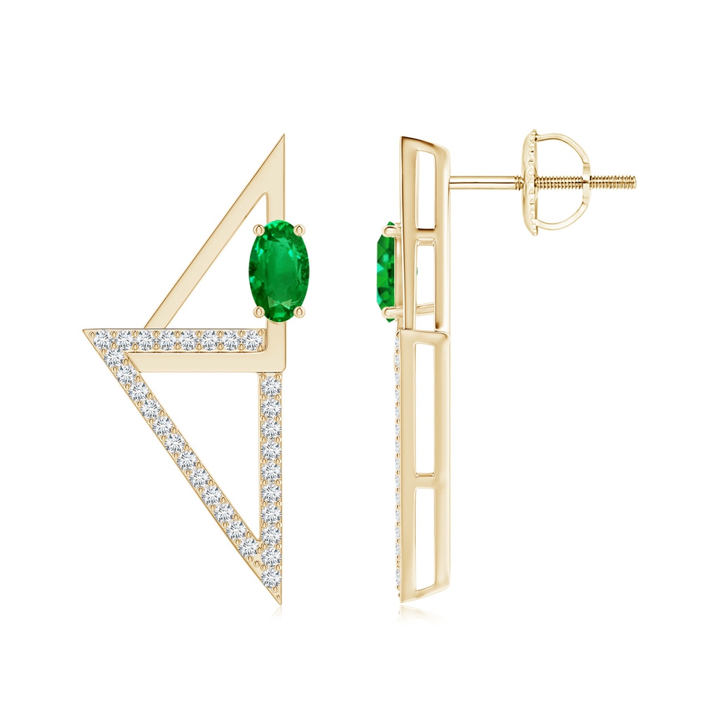 5x3mm AAAA Oval Emerald Interlocking Triangle Taurus Stud Earrings in Yellow Gold
