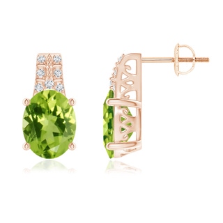 9x7mm AAA Vintage Inspired Oval Peridot and Diamond Leo Earrings in Rose Gold