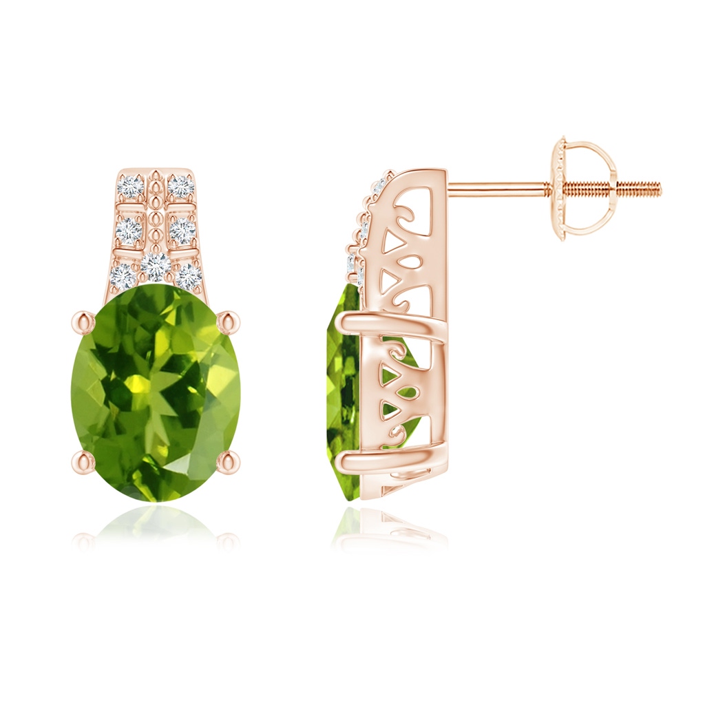 9x7mm AAAA Vintage Inspired Oval Peridot and Diamond Leo Earrings in Rose Gold