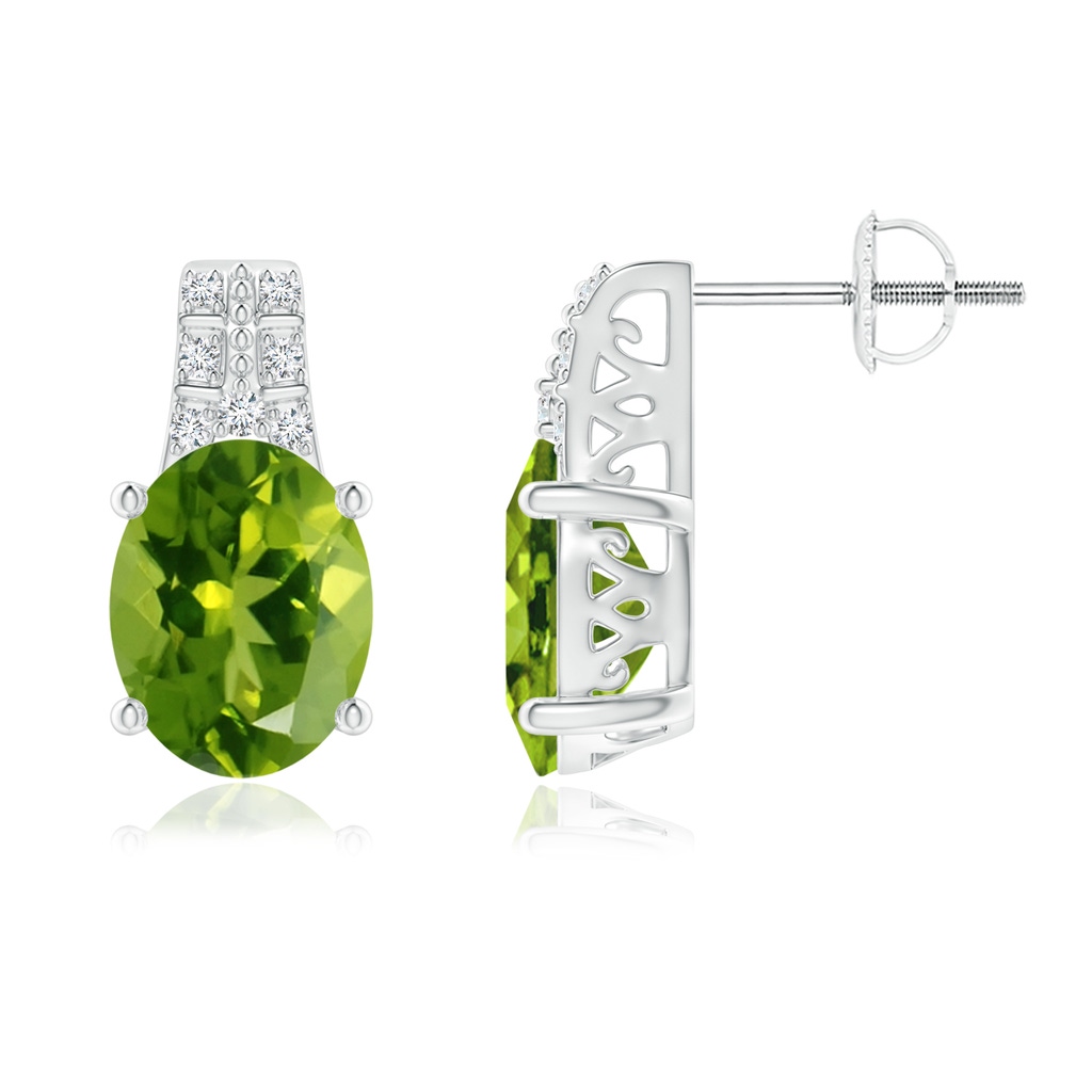 9x7mm AAAA Vintage Inspired Oval Peridot and Diamond Leo Earrings in White Gold