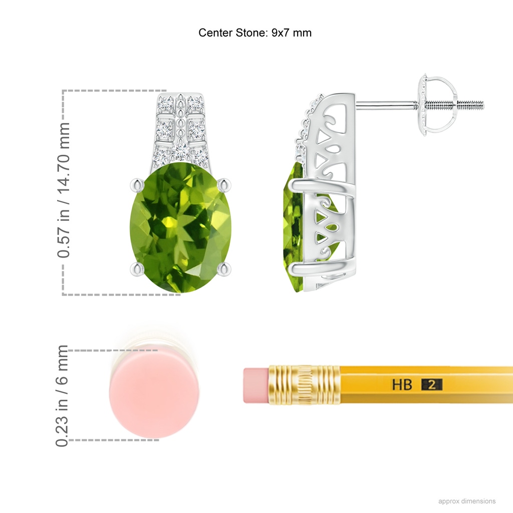 9x7mm AAAA Vintage Inspired Oval Peridot and Diamond Leo Earrings in White Gold Ruler
