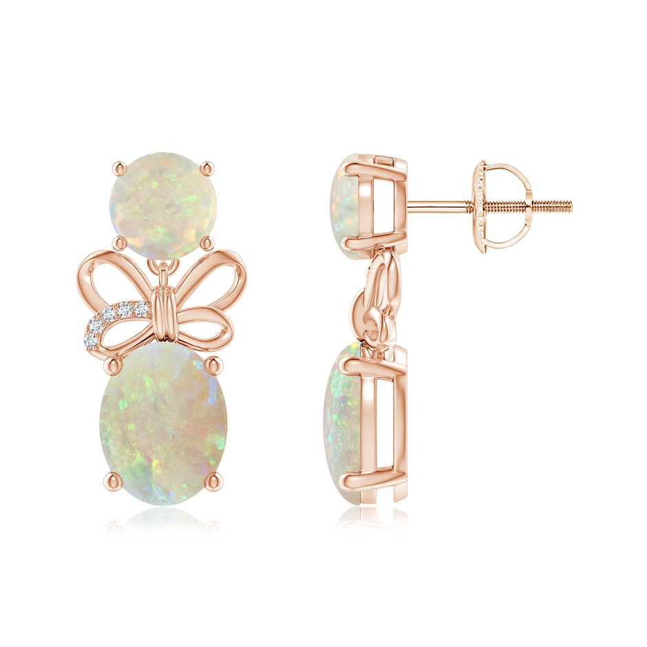 9x7mm AAA Round & Oval Opal Libra Ribbon Earrings with Diamond Accents in Rose Gold 
