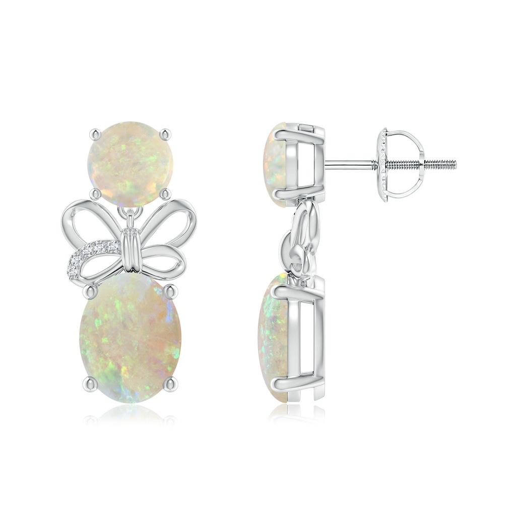 9x7mm AAA Round & Oval Opal Libra Ribbon Earrings with Diamond Accents in White Gold