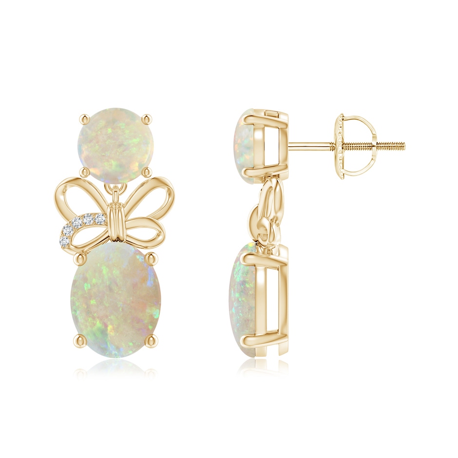 9x7mm AAA Round & Oval Opal Libra Ribbon Earrings with Diamond Accents in Yellow Gold 