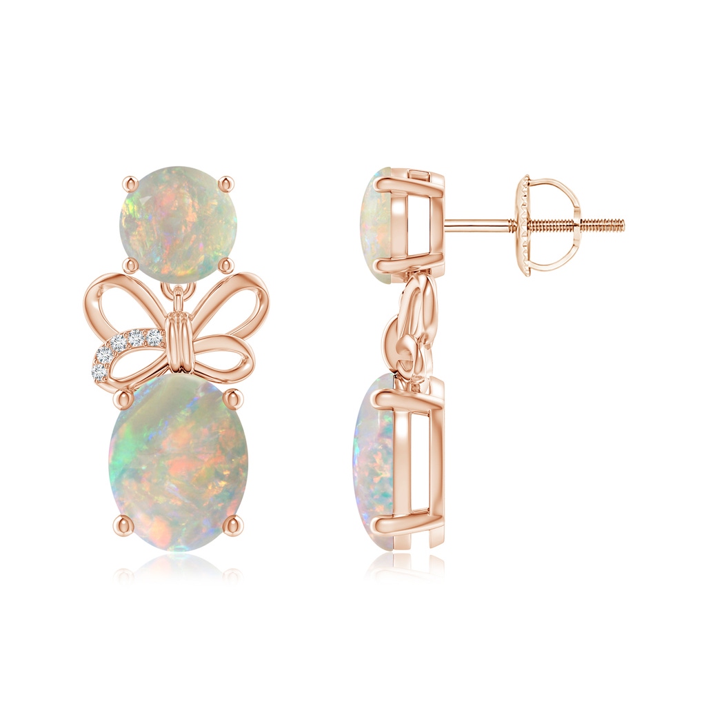 9x7mm AAAA Round & Oval Opal Libra Ribbon Earrings with Diamond Accents in Rose Gold