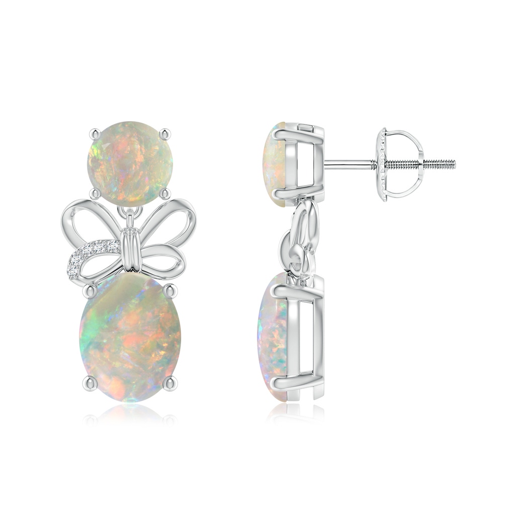 9x7mm AAAA Round & Oval Opal Libra Ribbon Earrings with Diamond Accents in White Gold