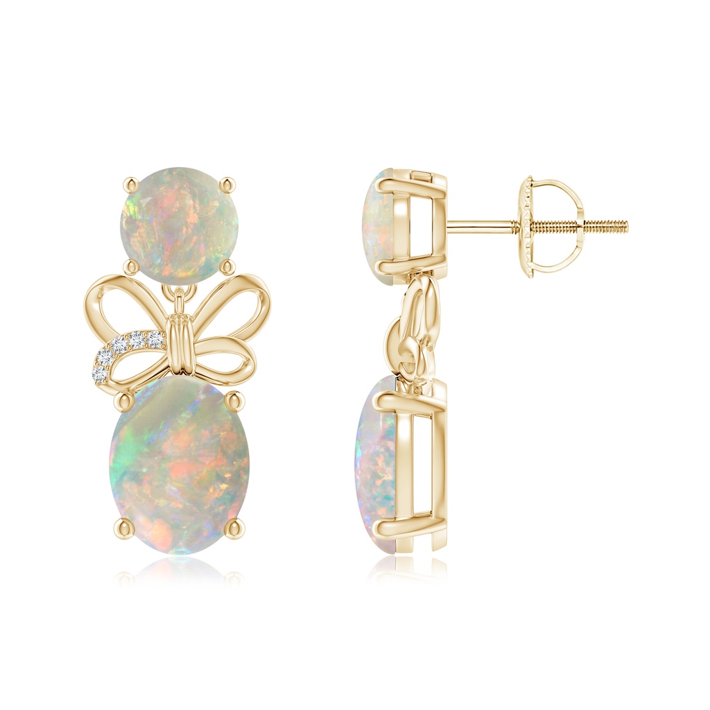 9x7mm AAAA Round & Oval Opal Libra Ribbon Earrings with Diamond Accents in Yellow Gold