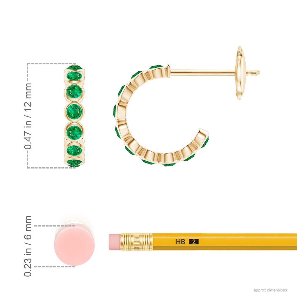 1.8mm AAA Bezel-Set Emerald Huggie Hoop Earrings in Yellow Gold ruler