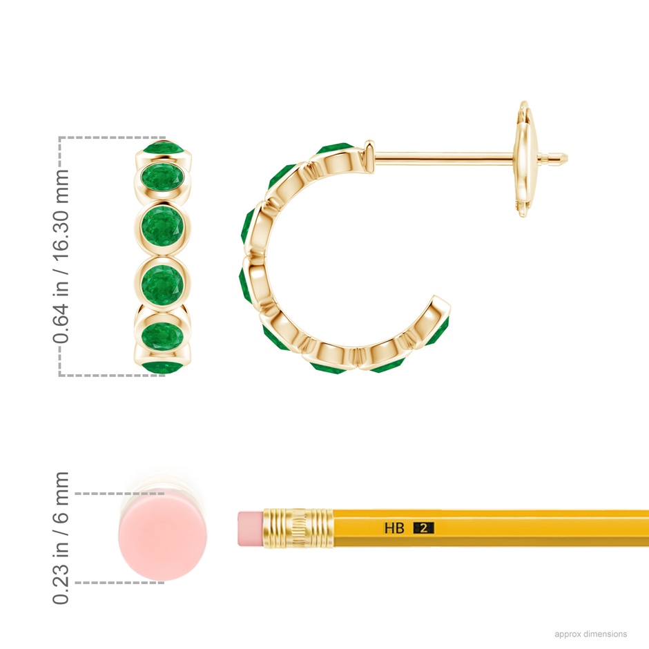 3mm AA Bezel-Set Emerald Huggie Hoop Earrings in Yellow Gold ruler